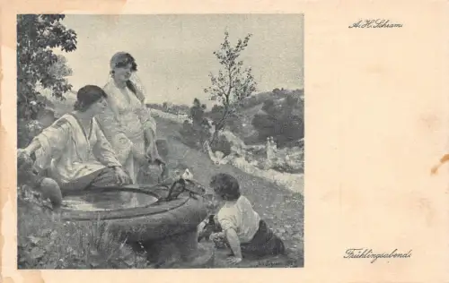 A687 Kunst von AH Schram Frühling Abend Mädchen Putzen Junge Vögel Vintage Postkarte