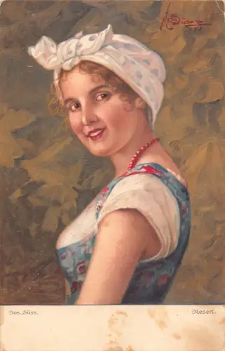 A688 Kunstportrait Mädchen in deutscher Tracht Vintage Postkarte