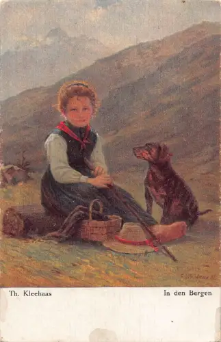 A688 Kunst von Th Kleehaas In den Bergen Mädchen und Hund Entspannung Postkarte