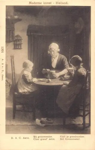 A689 Niederländische Kunst von DAC Artz Besuch bei Großmutter Kindern Postkarte
