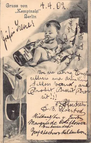 A689 Gruss von Kempinski Berlin 1902 Baby trinkt Koehl Kaiser Blume Postkarte