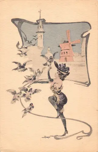 L474 Jugendstil Lady Birds Moulin Rouge signiert Bouhin Akt gewagte Postkarte