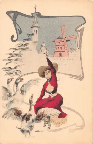L474 Jugendstil Dame Gans Vogel Moulin Rouge signiert Bouhin Akt gewagte Postkarte