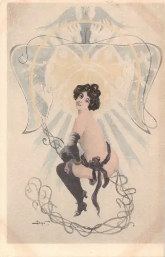 L474 Jugendstil Lady Glamour signiert Bouhin Akt gewagte Vintage Postkarte
