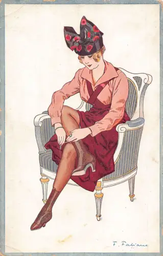 B449 Les Petites Femmes signiert F Fabiano Frau im Kleid Krawatten Spitze Postkarte