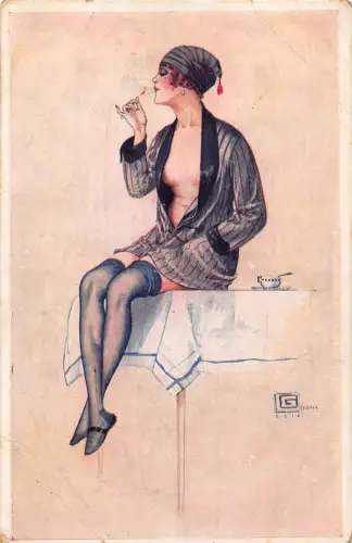 B449 Intimite de Boudoir par G Leonnec Risque Lady Smokes Cigarettes Postkarte