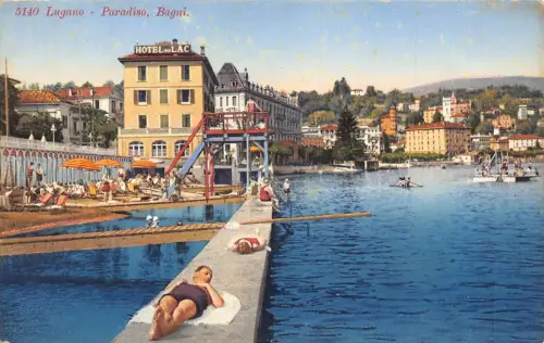 A695 Schweiz Lugano Paradiso Bagni Beach Hotel du Lac Vintage Postkarte