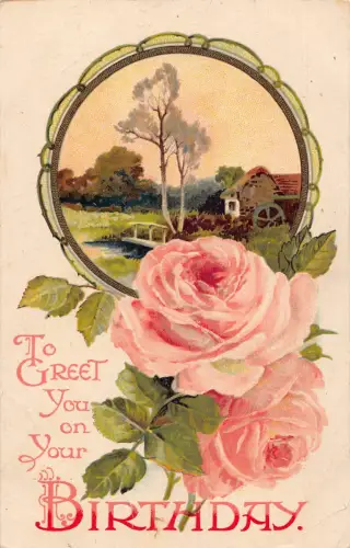 A699 Geburtstagsgrüße 1909 Passepartout Landschaft Rosen Blumen Postkarte