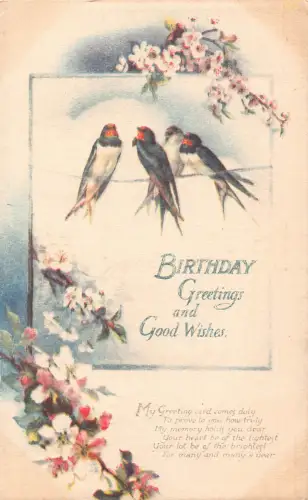 A700 Geburtstagsgrüße Kirschblüte Blumen Schwalbe Vögel Vintage Postkarte