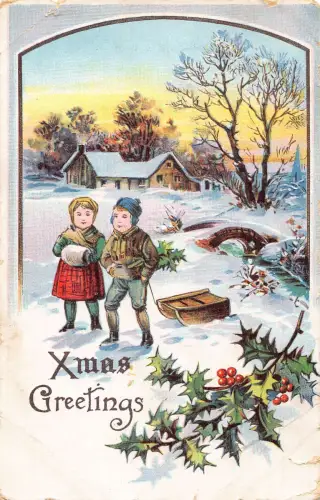 A699 Weihnachtsgrüße Kinder Schlitten Schneelandschaft Heiliger Baum Postkarte