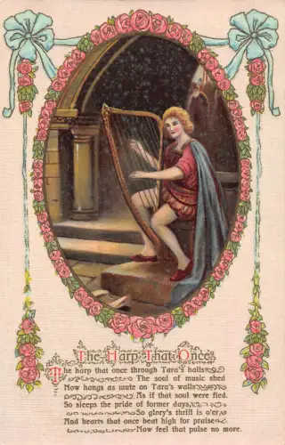 A703 Die Harfe die einst Musikinstrument Rose Blume Band geprägte Postkarte