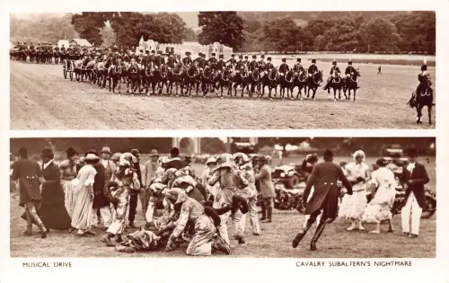 A723 Militär Musikantrieb Kavallerie Subalterns Albtraum ohnmächtig RPPC Postkarte