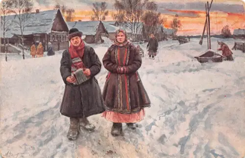 A752 Russland ethnisches Paar Land Kostüme Akkordeon Kunst von Balunln Postkarte