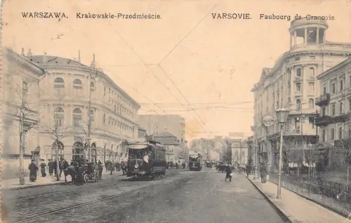 B051 Polen Warschau Warszawa Krakowskie Przedmiescie Straßenbahn Vintage Postkarte