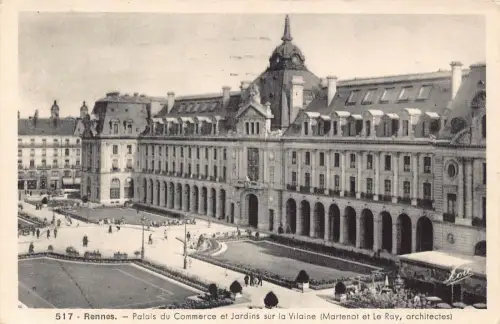 L047 Frankreich 1951 Rennes Palais du Commerce et Jardins Vilaine Vintage Postkarte