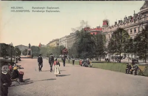 L391 Finnland Helsinki Runebergin Esplanaati Platzbänke Vintage Postkarte
