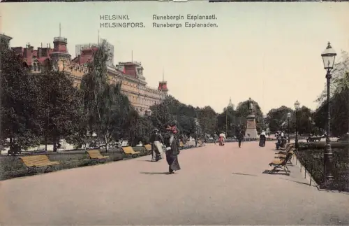 L391 Finnland Helsinki Runebergin Esplanade Statue Bänke Platz Postkarte