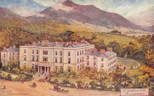 L385 Irland Gr Southern Hotel Killarney Kutsche Gemälde Vintage Postkarte