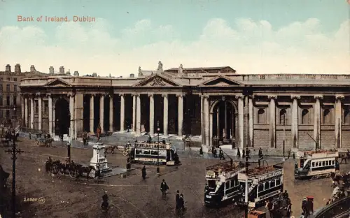 L385 Irland Dublin Nationalbank Straßenbahnen Mays Streichhölzer Braten Kakao Werbepostkarte