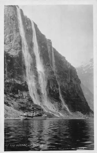 L389 Norwegen Soestre Geiranger Dampfschiff Wasserfall Vintage Postkarte