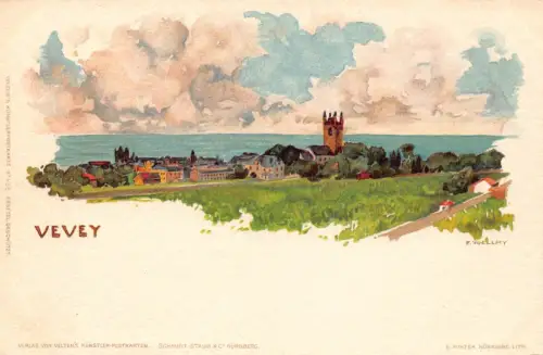 Schweiz Vevey Gesamtansicht Kunst von F Voellmy Chromo Litho Postkarte B905