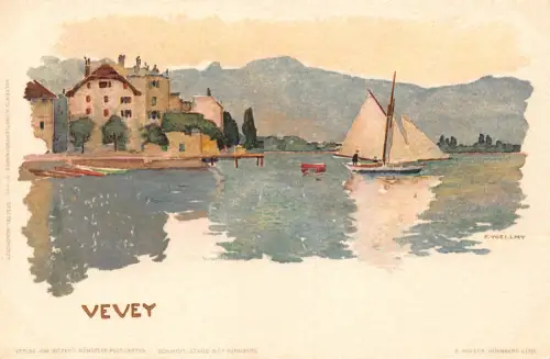 Schweiz Vevey Landschaft Segelboot Chromo Litho Voellmy Kunst Postkarte B905