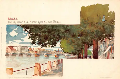 Schweiz Basel Blick Alte Rhein Brücke Chromo Litho Kunst Voellmy Postkarte B905