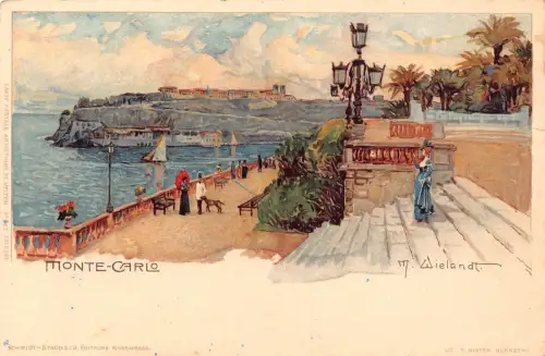 Monaco Monte Carlo Terrassenkunst von Manuel Wielandt Chromo Litho Postkarte B906