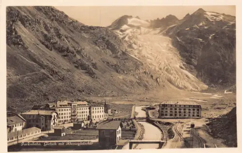 A180 Schweiz Furkabahn Gletsch mit Rhonegletscher Eisenbahn Vintage AK