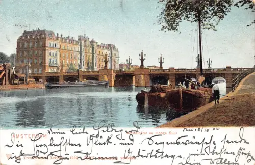 A185 Niederlande 1904 Amsterdam Amstelhotel en Hooge Sluis Boot Vintage Postkarte