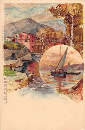 A010 Italien Rapallo Segelboot Landschaftsgemälde signiert Wielandt M AK