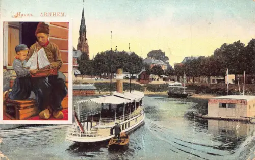 A184 Niederlande 1926 Hafen Arnheim Dampfschiff Segelboot Spielzeug Junge Postkarte