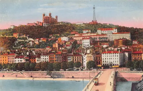 A186 Frankreich Lyon Pont du Change Colline de Fourviere Straßenbahn Vintage Postkarte