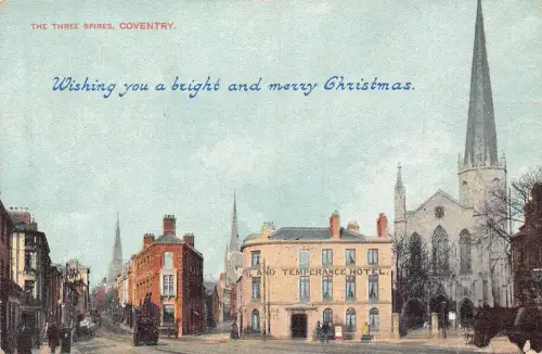 A775 England Coventry Three Spires Temperance Hotel Weihnachtsgrüße Postkarte
