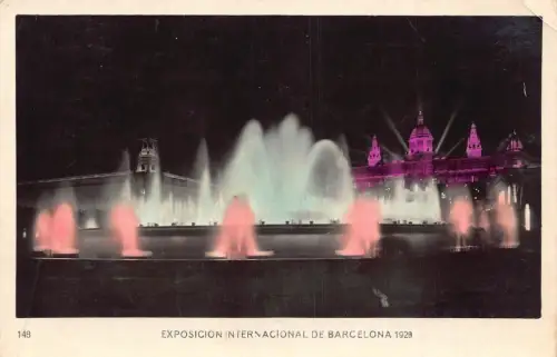 Spanien Exposicion Internacional de Barcelona Brunnen Nacht RPPC Postkarte B909