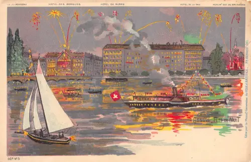 Schweiz Genf Genf Fete de Nuit Flagge Dampfschiffe Feuerwerk Postkarten B910