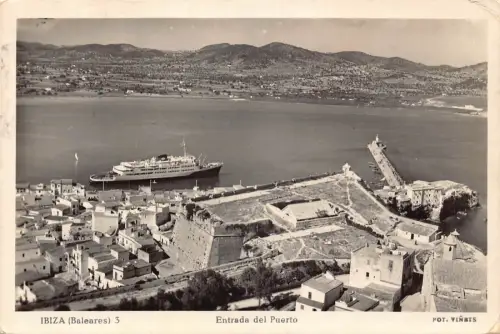 B067 Spanien Ibiza Baleares Entrada del Puerto Schiff RPPC Vintage Postkarte