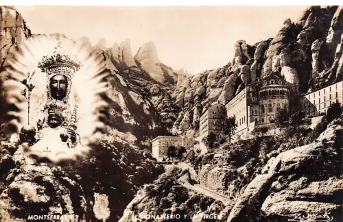 B067 Spanien Kloster Montserrat und Klippen RPPC Vintage Postkarte