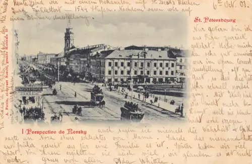 B059 Russland St Petersburg Perspektive de Newski Lampe Laden Straßenbahn 1901 Postkarte
