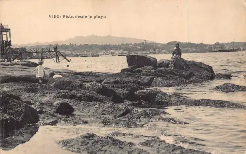 B067 Spanien Vigo Vista desde la playa Strand Vintage Postkarte