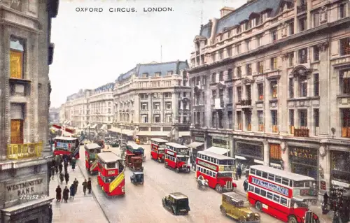 B056 England London Oxford Circus Doppeldecker Bus Vintage Postkarte