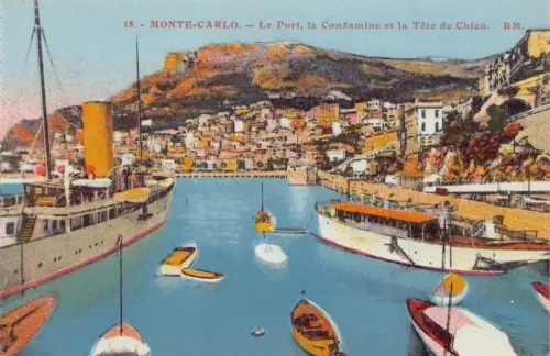 A801 Monaco Monte Carlo Hafen Condamne et Tete de Chien Dampfschiff Postkarte