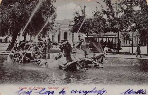 A813 Chile Santiago Fuente de Neptuno Brunnen Mondschein Vintage Postkarte