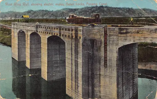 A814 Panamakanal 1934 Westflügelwand elektrische Maultiere Gatun Schleusen Brücke Postkarte