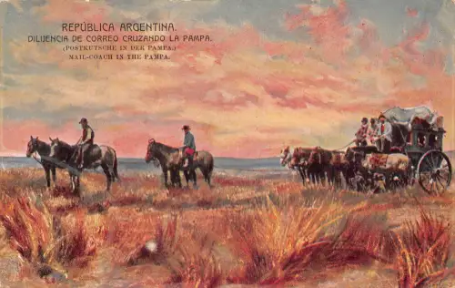 A815 Argentinien Kunst Postkutsche in der Pampa Pferde Vintage Postkarte