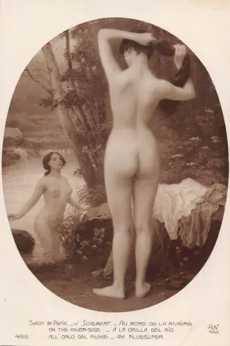 B088 Glamour Kunst Akt gewagte Frauen baden am See A la Orilla del Rio Postkarte