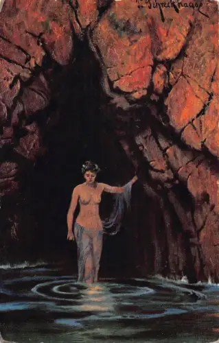 B087 Kunst Glamour Akt gewagte Frau badet im Höhlenwasser Vintage Postkarte
