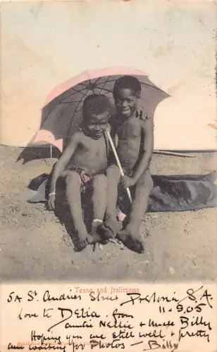 B079 Südafrika 1906 Ureinwohner Jungen Regenschirm jung ausgelassen ethnische Postkarte