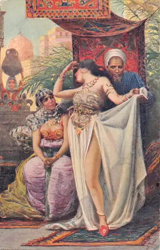 B088 Kunstverkauf einer Sklavin arabische Welt gewagte hübsche Frau Vintage Postkarte