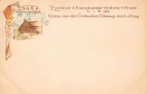 B069 Tschechien Gruss aus Cechoslav Ethnogr Aust in Prag Volkshaus AK